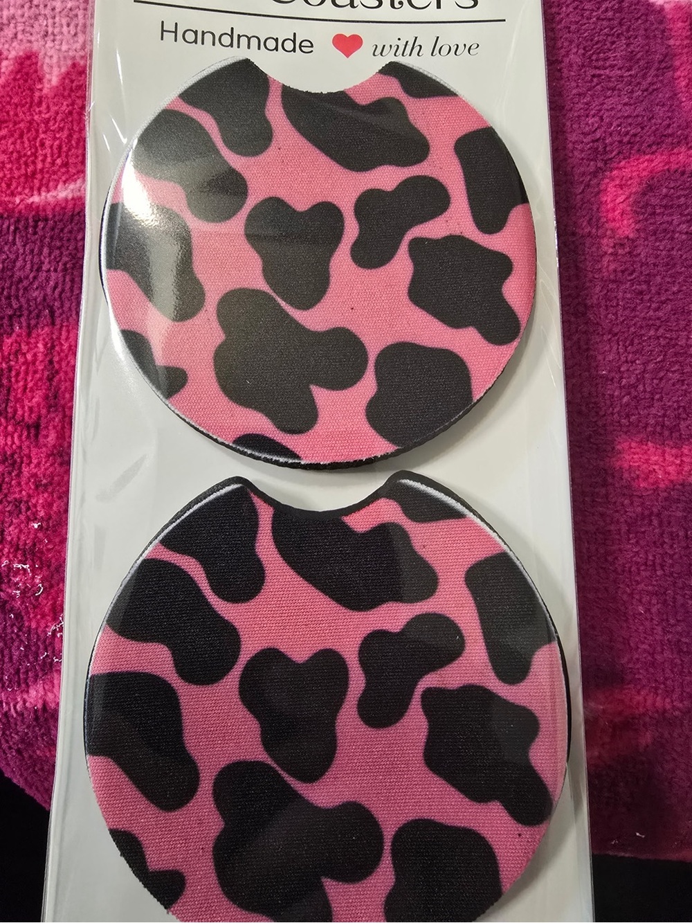 Pink & Black Cow Print Car Coasters